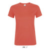 A women's T-shirt in coral, made from 100% semi-combed ring-spun cotton, featuring a logo.