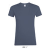 A women's t-shirt in a dark blue colour, made from 100% semi-combed ring-spun cotton, with a logo.