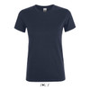 A women's T-shirt in navy blue, made from 100% semi-combed ring-spun cotton, featuring a logo.