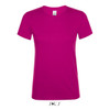 A women's T-shirt in vibrant pink made from 100% semi-combed ring spun cotton, featuring a logo.