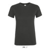 A women's T-shirt in dark grey, made from 100% semi-combed ring-spun cotton, featuring a logo.