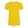 A yellow women's T-shirt made of 100% semi-combed ring-spun cotton, featuring a logo.