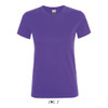 A purple women's T-shirt made from 100% semi-combed ring spun cotton, featuring a logo.