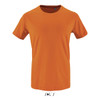 An orange men's T-shirt made from 100% organically grown cotton, featuring a simple design and a brand logo.