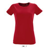 A red women's T-shirt made from 100% semi spun combed ring spun cotton. It features a logo at the bottom.