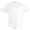 A white round neck T-shirt for kids made of 100% semi-combed ringspun cotton, featuring a logo.