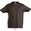 A dark brown kids' T-shirt with a round neck, made from 100% semi combed ringspun cotton, featuring a logo.