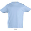 A light blue round neck T-shirt for kids, made of 100% semi combed ringspun cotton, featuring a logo.