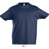 A navy blue round neck T-shirt for kids made from 100% semi-combed ringspun cotton, featuring a logo.