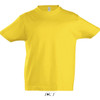 A yellow round neck T-shirt made from 100% semi combed ringspun cotton, with a logo.