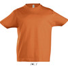 An orange round neck T-shirt made from 100% semi-combed ringspun cotton, featuring a logo. Ideal for kids.