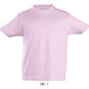 A pink round neck T-shirt made from 100% semi-combed ringspun cotton, featuring a logo. Suitable for kids.