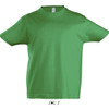 A green round neck T-shirt for kids made from 100% semi combed ringspun cotton, featuring a logo.