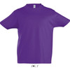 A purple round neck T-shirt for kids made from 100% semi-combed ringspun cotton, featuring a logo tag.