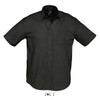 A short-sleeve oxford shirt in dark green, featuring a button-up front and a single chest pocket. Includes branding.