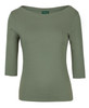 A ladies' 3/4 sleeve boat neck tee in olive green, featuring a fitted design and a logo.