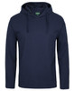 A navy long-sleeved hooded tee with a front pocket and a hood, featuring a logo on the tag.