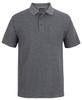 A grey polo shirt featuring a collar, three buttons, and a chest pocket, with a logo on the front.