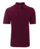 A burgundy polo shirt with a collar, a pocket, and a logo on the chest. 