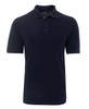 A navy blue polo shirt featuring a collar, buttons, and a pocket, with a logo present on the fabric.