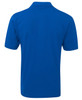 A blue polo shirt with a classic collar and short sleeves, featuring a logo on the back.