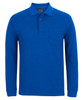 A long-sleeve polo shirt in a vibrant blue colour, featuring a pocket and a buttoned collar.