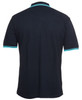A black polo shirt featuring contrasting teal stripes on the collar and sleeves, with a logo present.