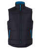 A black puffer vest with a blue lining and contrasting blue zipper details. It features a high collar and pockets.