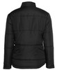A black and grey puffer jacket with a high collar and a sleek design, featuring a logo.
