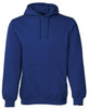 A blue hoodie featuring a front pocket and a drawstring hood, with a logo on the garment.