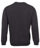 A black jumper with long sleeves and a round neckline, featuring a plain design and a label on the back.