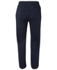 A pair of navy blue fleecy sweat pants with a relaxed fit and an elastic waistband. Features a back pocket and a logo.