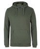 A green hoodie featuring a front pocket and a drawstring hood, with a branding logo.