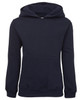 A navy hoodie featuring a front pocket and a drawstring hood, with branding present.