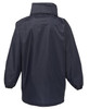 A dark navy rain jacket with elastic cuffs and a high collar, featuring a logo on the back.
