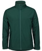 A dark green soft shell jacket with a full zip and side pockets, featuring a logo on the chest.