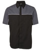 A black and grey short-sleeve button-up shirt with a pocket and a small logo.