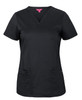 A black scrub top with short sleeves and a v-neck, featuring two front pockets and a logo.