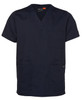 A navy blue unisex scrubs top with short sleeves, featuring a pocket on the chest and two front pockets.