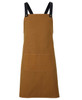 A brown canvas apron with black straps and a front pocket. It features a logo on the design.