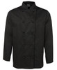 A black long-sleeve chef's jacket with a double-breasted design and a pocket on the sleeve.