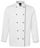 A white chef's jacket featuring black piping and buttons, designed for chefs with long sleeves.