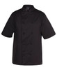 A black chef's jacket with short sleeves and a double-breasted design, featuring a logo on the arm.