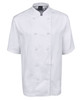 A white short-sleeve chef's jacket featuring a double-breasted design and a logo on the collar.
