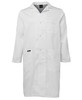 A white lab coat with a collar, long sleeves, and pockets, featuring a logo on the side.