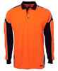 An orange and black long-sleeve polo shirt with a pocket and a logo. Designed for workwear.