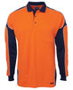 An orange and navy long-sleeve polo shirt with a pocket and a logo. Suitable for workwear.