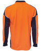 A long-sleeve polo shirt featuring orange and navy panels, with a logo on the collar. Ideal for workwear.
