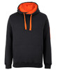 A black hoodie with an orange inner lining and drawstrings, featuring a front pocket and a logo on the sleeve.