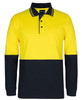 A long-sleeve cotton polo shirt in yellow and navy blue, featuring a pocket and a branding logo.